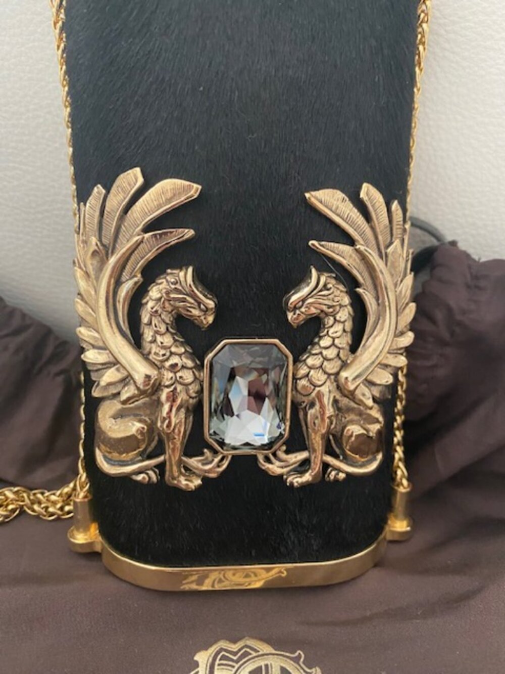 RARE ROBERTO CAVALLI DEA EMBELLISHED PONY-SKIN CLUTCH BLACK/GOLD TWIN GRIFFINS - Picture 3 of 9